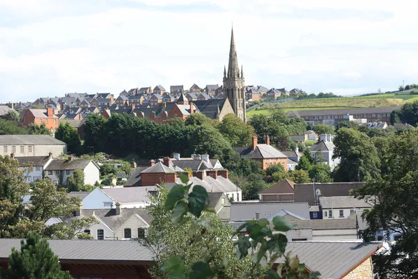 Toits d'une ville parmi les arbres avec une haute flèche d'église s'élevant au-dessus et des collines vertes au loin.