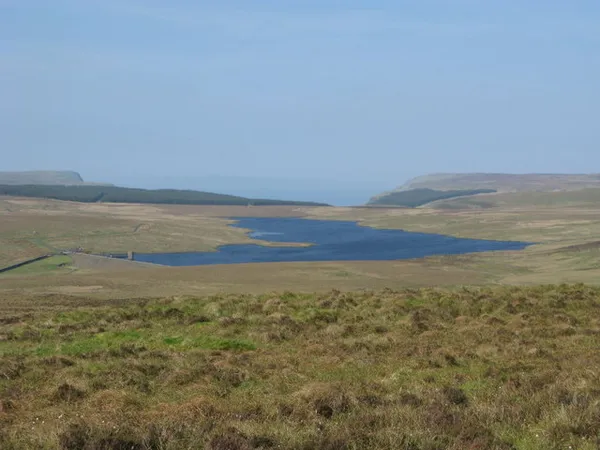 A blue reservoir in a wide valley of brown moorland and bog under a pale sky.