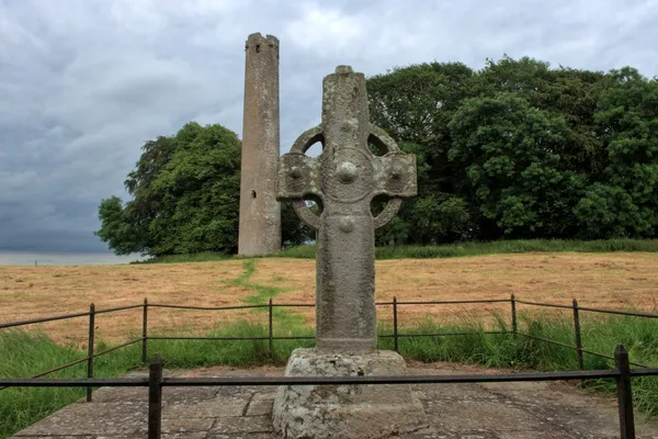 Un'alta croce di pietra consumata con anello dietro una ringhiera, con un'alta torre rotonda in pietra e alberi oltre un campo.