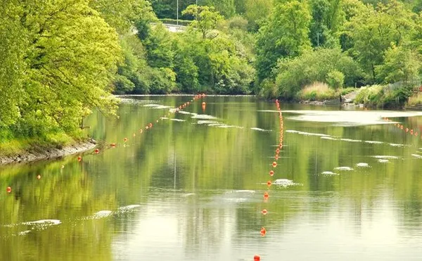 A calm river between leafy green banks, with lines of floats across the water.