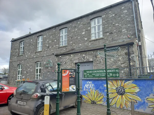 Un edificio in pietra grigia a due piani con un murale di girasoli su un muretto, cartelli verdi e auto parcheggiate davanti.