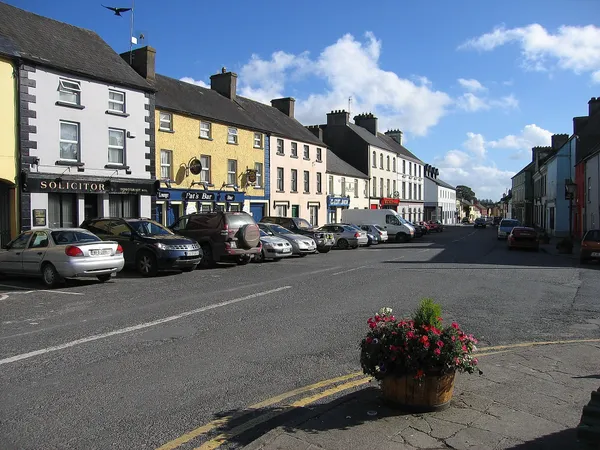 Colourful terraced shopfronts in Mountrath town centre with flowers and parked cars.