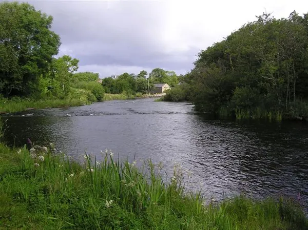 A wide, dark river flowing between grassy and wooded banks under a cloudy sky.
