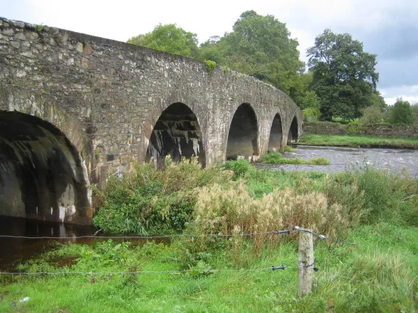 Eine mehrbogige Steinbrücke über einen Fluss, mit langem Gras und Schilf am nahen Ufer und Bäumen dahinter.