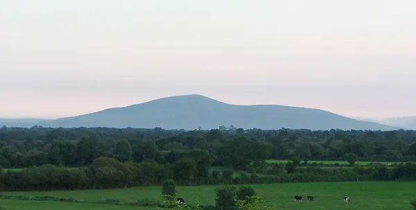 The long rounded summit of Slievenamon seen across green fields and trees.