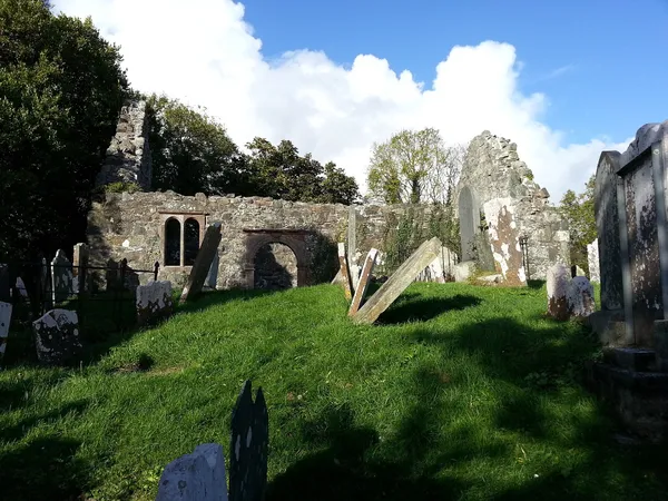 Ruines d'église en pierre sans toit parmi d'anciennes pierres tombales sur herbe verte sous un ciel bleu avec des nuages blancs.